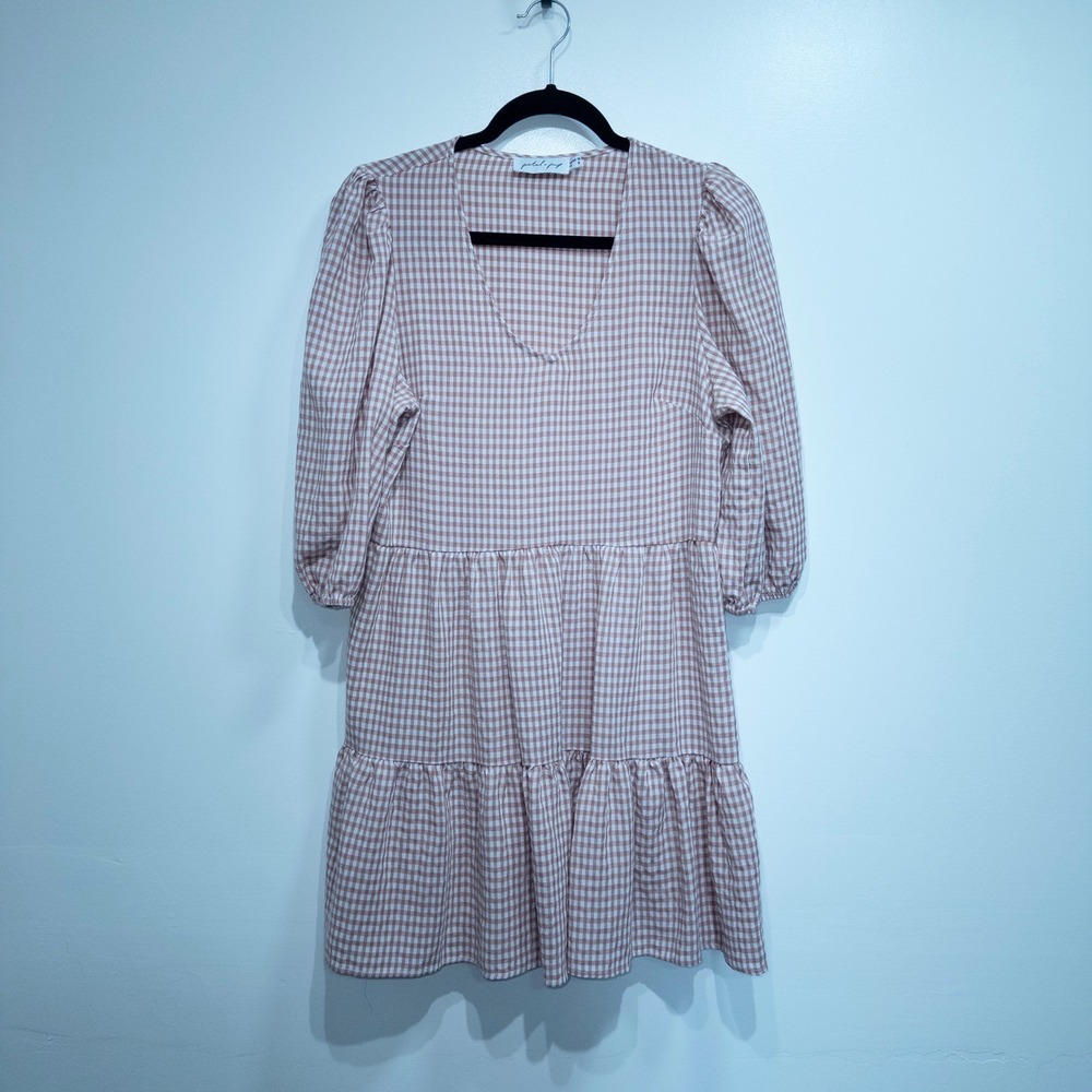 Petal & Pup Pink White Gingham Babydoll Tiered Dress Size 6